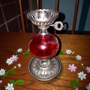 Vintage Hollywood Regency Candle Holder with red glass